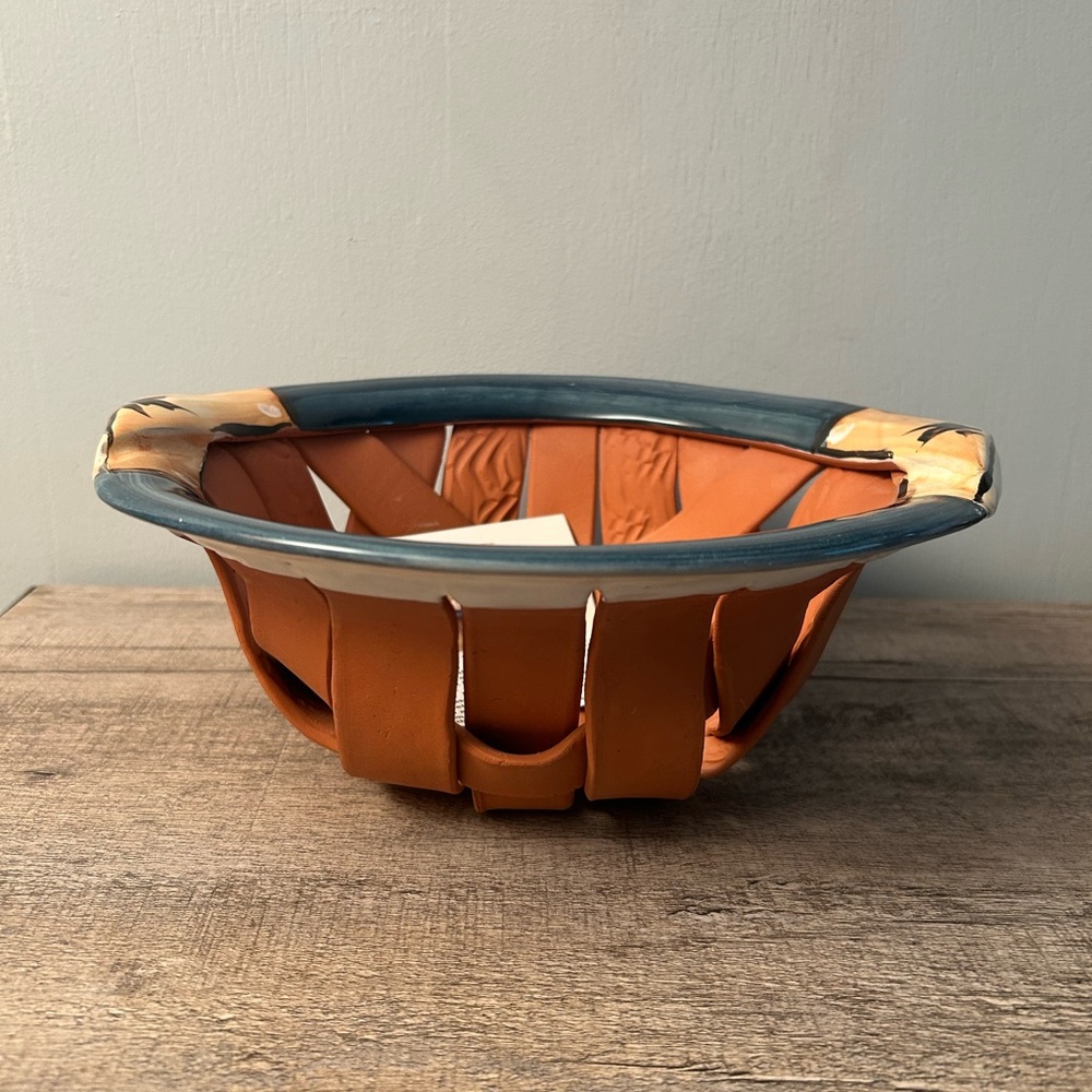 Handcrafted Clay Basket bread warmer with Blue and Orange Accents - Picture 2 of 9